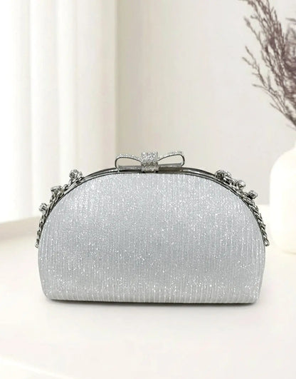 Glittering Bow Clasp Silver Clutch Bag